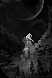  cloak dress elden_ring email_address extra_arms extra_faces female fur_cloak grass greyscale hat highres l_aciel long_hair monochrome moon outdoors own_hands_together plant ranni_the_witch ruins sitting solo tree watermark wavy_hair witch witch_hat 