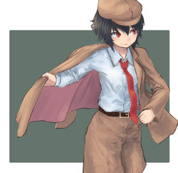  adjusting_clothes belt black_hair border breasts brown_belt brown_headwear brown_jacket brown_shorts cabbie_hat clip_studio_paint_(medium) collared_shirt commentary_request cowboy_shot female flat_cap green_background hat jacket long_sleeves necktie no_wings red_eyes red_necktie roke_(taikodon) shameimaru_aya shameimaru_aya_(newsboy) shirt short_hair shorts small_breasts suit_jacket touhou white_border white_shirt 