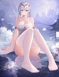  absurdres arm_support azur_lane blue_eyes blurry blurry_background blush breasts cleavage convenient_leg criss-cross_halter dido_(magicc) different_reflection dress emden_(azur_lane) emden_(moonsilver_union)_(azur_lane) feet female flower foot_focus foreshortening full_body hair_ornament halterneck highres knees_up lace-trimmed_legwear lace_trim large_breasts long_hair looking_at_viewer no_shoes official_alternate_costume reflection reflective_water see-through see-through_legwear shallow_water sitting sitting_on_water sleeveless sleeveless_dress solo thighhighs thighs toes water white_dress white_hair white_thighhighs 