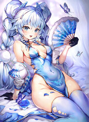  argyle_cutout arm_support armpit_crease bare_shoulders black_gloves blue_dress blue_eyes blue_flower blue_hair blue_thighhighs breasts bug butterfly china_dress chinese_clothes choker clothing_cutout commentary covered_navel dress female flower folding_fan girls&#039;_frontline gloves gold_trim groin hair_ornament hand_fan holding holding_fan jacket long_hair looking_at_viewer medium_breasts narae no_bra no_panties off_shoulder open_clothes open_jacket open_mouth pa-15_(alluring_larkspur)_(girls&#039;_frontline) pa-15_(girls&#039;_frontline) pelvic_curtain petals photoshop_(medium) puffy_sleeves quad_braids rose sitting skindentation sleeveless sleeveless_dress smile solo thighhighs thighs twintails very_long_hair white_jacket 