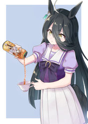  absurdres agnes_tachyon_(umamusume) ahoge animal_ears black_hair bow bowtie can closed_mouth cup earrings female hair_between_eyes highres holding holding_can holding_cup horse_ears horse_girl horse_tail jewelry long_hair manhattan_cafe_(umamusume) multicolored_hair pakiramon pouring puffy_short_sleeves puffy_sleeves purple_bow purple_bowtie purple_shirt sailor_collar school_uniform shirt short_sleeves single_earring skirt solo streaked_hair tail teacup tracen_school_uniform umamusume white_skirt yellow_eyes zone_(energy_drink) 