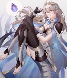  ai_tkkm armor ass black_leotard breasts cape cleavage commentary_request corrin_(female)_(fire_emblem) corrin_(female)_(silent_bloodline)_(fire_emblem) corrin_(fire_emblem) crown dragon_girl dragon_tail feet female fire_emblem fire_emblem_fates fire_emblem_heroes frills full_body gloves hair_between_eyes hair_ornament highres jewelry knees_together_feet_apart knees_up legs leotard long_hair long_legs looking_at_viewer no_shoes official_alternate_costume pointy_ears red_eyes see-through shoulder_armor solo stirrup_legwear tail toeless_legwear toenails toes white_hair 