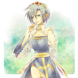  arch_bishop_(ragnarok_online) ark_kan arm_behind_back blue_dress border breasts cleavage cleavage_cutout clothing_cutout commentary_request cowboy_shot cross diadem dress female garter_straps green_background grey_eyes grey_hair juliet_sleeves long_sleeves looking_to_the_side medium_breasts open_mouth pointy_ears puffy_sleeves ragnarok_online sash shiny_skin short_hair solo thighhighs two-tone_dress white_border white_dress white_thighhighs yellow_sash 