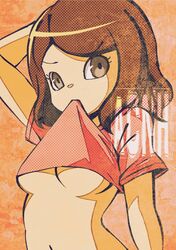  animal_crossing arm_at_side arm_up breasts brown_hair clothes_lift copyright_name eyelashes female grey_eyes highres lifting_own_clothes medium_breasts mouth_hold muramasa_mikado murana_(muramasa_mikado) navel pink_shirt shirt shirt_lift short_sleeves solo swept_bangs t-shirt underboob v-shaped_eyebrows villager_(animal_crossing) 