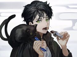  1boy absurdres animal_on_shoulder bad_id bad_twitter_id black_cat black_hair black_jacket candy candy_bar candy_wrapper cat_on_shoulder character_request ciao_churu commentary copyright_request eating feeding feline food green_eyes hands_up hataya highres holding holding_food jacket looking_at_animal looking_at_another male_focus mouth_hold nekomata oerba_yun_fang open_clothes open_jacket open_mouth pet_food shirt short_hair sideways_glance smoke solo teeth teeth_hold upper_body white_background white_shirt 