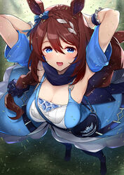  amami_amayu animal_ears armpits arms_behind_head blue_eyes bow braid breasts brown_hair cleavage commentary_request detached_sleeves ear_bow ear_ribbon female from_above full_body grass horse_ears horse_girl horse_tail long_hair looking_at_viewer open_mouth outdoors red_lips single_braid solo standing super_creek_(umamusume) tail tareme umamusume very_long_hair wrist_cuffs 