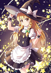  absurdres apron black_dress blonde_hair bow braid cowboy_shot dress female fish.boy frilled_dress frills green_bow hairbow hand_on_headwear hat highres kirisame_marisa long_hair looking_at_viewer puffy_short_sleeves puffy_sleeves short_sleeves side_braid single_braid solo touhou waist_apron witch_hat wrist_cuffs yellow_eyes 