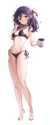  absurdres bad_id bad_twitter_id bare_arms bare_shoulders barefoot black_bra black_choker black_panties bra breasts choker closed_mouth coffee_mug cup expressionless female full_body hand_up harusame_(user_wawj5773) highres holding long_legs looking_at_viewer medium_breasts medium_hair mole mole_on_stomach mole_on_thigh mug navel one_side_up original panties purple_eyes purple_hair side-tie_panties simple_background solo stomach string_bra string_panties thighs underwear underwear_only white_background 