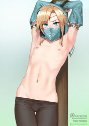  1boy aqua_eyes arabian_clothes armlet armpits arms_up black_pants blonde_hair blue_background blush bondage bondage bound bound_arms circlet collarbone commentary_request cowboy_shot crossdressing detached_sleeves forehead_jewel gerudo_link gradient gradient_background highres link long_sleeves looking_at_viewer male_focus mouth_veil navel nipples pants see-through shijiu_(adamhutt) shirtless sidelocks stomach the_legend_of_zelda the_legend_of_zelda:_breath_of_the_wild thigh_gap v-shaped_eyebrows veil watermark web_address 