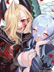  2girls aqua_hair arm_guards armor asakou_(n_morninglight) asymmetrical_bangs black_armor black_bodysuit black_gloves blonde_hair blue_shirt bodysuit braid breasts cape cropped_shirt curled_horns facial_mark fate/grand_order fate_(series) gloves hair_between_eyes hair_over_one_eye highres horns jewelry large_breasts larva_tiamat_(fate) long_hair looking_at_viewer multiple_girls nero_claudius_(fate) open_mouth pauldrons pendant pink_eyes pointy_ears queen_draco_(fate) queen_draco_(third_ascension)_(fate) red_eyes shirt shoulder_armor shrug_(clothing) sidelocks smile striped_sleeves symbol-shaped_pupils tiamat_(fate) very_long_hair 