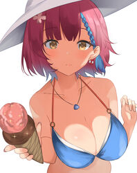  absurdres azur_lane bikini blue_bikini breasts cleavage earrings female food halterneck hat highres holding holding_food ice_cream_cone jewelry large_breasts looking_at_viewer necklace o-ring o-ring_bikini official_alternate_costume oppai_loli purple_hair short_hair simple_background solo sonotori_(4150937) sun_hat swimsuit tartu_(azur_lane) tartu_(overthinking_summer)_(azur_lane) upper_body white_background white_hat yellow_eyes 