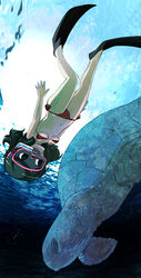  absurdres animal animal_crossing bare_arms bare_shoulders bikini black_eyes black_footwear black_hair breasts cleavage female flippers goggles highres muramasa_mikado murana_(muramasa_mikado) navel red_bikini scuba_gear sea_turtle short_hair side-tie_bikini_bottom small_breasts solo swept_bangs swimsuit turtle underboob underwater villager_(animal_crossing) 