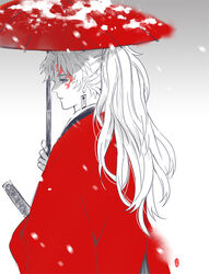  1boy amore1989 bad_id bad_pixiv_id coat earrings facial_mark from_behind grey_background haori holding holding_umbrella japanese_clothes jewelry kimetsu_no_yaiba long_hair long_sleeves looking_away male_focus motion_blur oil-paper_umbrella ponytail profile red_coat shade snow snowing solo spot_color sword tsugikuni_yoriichi umbrella upper_body weapon 