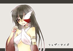  ark_kan armlet black_hair blush breasts brown_eyes commentary_request criss-cross_halter detached_sleeves female grey_background gypsy_(ragnarok_online) hair_between_eyes halterneck long_hair looking_at_viewer medium_breasts one_eye_covered open_mouth ragnarok_online red_sleeves solo translated two-tone_background upper_body 