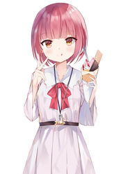  :q absurdres blush bow brown_eyes closed_mouth collared_dress commentary crepe dress female food fuyuki030 hands_up highres holding holding_food long_sleeves looking_at_viewer original pleated_dress red_bow red_hair short_hair simple_background smile solo tongue tongue_out v wafer white_background white_dress wide_sleeves 