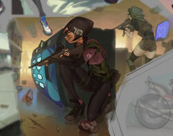  2girls aiming ass assault_rifle belt black_footwear black_hair black_headwear black_pants bottle braid bulletproof_vest can character_request commentary dokkaebi_(rainbow_six_siege) fingerless_gloves fj_wu_cheng&#039;en from_behind from_side glasses gloves gun hat heart holding holding_gun holding_weapon knee_pads long_hair long_sleeves looking_to_the_side multicolored_hair multiple_girls nail_polish pants parted_lips photoshop_(medium) pink_hair purple_vest rainbow_six_siege rifle round_eyewear scope shoes short_shorts short_sleeves shorts sneakers south_korean_flag standing thigh_strap thighhighs trigger_discipline twin_braids valkyrie_(rainbow_six_siege) vending_machine vest weapon 