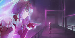  2girls blade_runner blade_runner_2049 bridge commentary detective dino_(dinoartforame) english_commentary from_side giant giantess goslingposting_(meme) hair_intakes highres hololive hololive_english looking_at_another looking_down looking_up meme movie_reference multiple_girls on_one_knee ouro_kronii parody parted_lips pointing profile railing scenery short_hair size_difference virtual_youtuber watson_amelia watson_amelia_(1st_costume) 