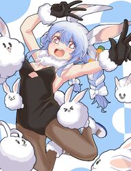  &gt;_&lt; :d :o absurdres animal_ears armpits arms_up bare_shoulders black_gloves black_leotard black_pantyhose blue_background blue_hair blush boots bow breasts carrot carrot_hair_ornament chinese_commentary commentary don-chan_(usada_pekora) eat_some_cookie female food-themed_hair_ornament full_body fur-trimmed_boots fur-trimmed_gloves fur_trim gloves gradient_hair hair_between_eyes hair_ornament hairbow highres hikimayu hololive jumping leotard long_hair looking_at_viewer multicolored_hair open_mouth pantyhose pekomon_(usada_pekora) rabbit_ears rabbit_girl rabbit_tail short_eyebrows small_breasts smile solo_focus symbol-shaped_pupils tail thick_eyebrows two-tone_hair usada_pekora usada_pekora_(1st_costume) virtual_youtuber white_background white_bow white_footwear white_hair xd yellow_eyes 