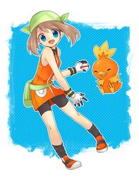  :d bandana bike_shorts black_socks blackspade blue_eyes brown_hair commentary_request dress fanny_pack female gloves green_bag green_bandana happy holding holding_poke_ball may_(pokemon) oerba_yun_fang open_mouth orange_dress orange_footwear outline poke_ball pokemon pokemon_(creature) pokemon_emerald pokemon_rse premier_ball shoes short_dress smile socks tongue torchic white_gloves 