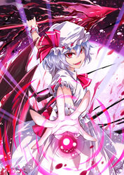  absurdres bat_wings blue_hair breasts dress fangs female fish.boy frilled_shirt frills hair_between_eyes hat highres holding holding_weapon light_purple_hair looking_at_viewer mob_cap outstretched_arms pink_dress profile puffy_short_sleeves puffy_sleeves red_eyes remilia_scarlet shirt short_hair short_sleeves solo spear_the_gungnir spread_arms touhou weapon wings 