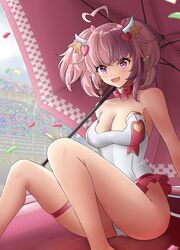  absurdres bow bow_choker breasts choker cleavage demon_girl demon_horns demon_tail demon_wings earrings female hair_ornament head_wings heart heart_hair_ornament highres holding holding_umbrella horns ironmouse ironmouse_(race_queen) jewelry large_breasts leotard long_hair looking_at_viewer multicolored_hair oerba_yun_fang open_mouth pink_bow pink_choker pink_hair pointy_ears purple_eyes purple_hair race_queen single_earring skin_fang smile solo strapless strapless_leotard streaked_hair sudhiro_sappurisa tail thigh_strap two_side_up umbrella virtual_youtuber vshojo white_horns white_leotard wings 