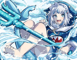  :d barefoot blue_eyes blue_hair blue_hoodie blue_nails blush commentary dress eat_some_cookie falling female fins fish_tail full_body gawr_gura gawr_gura_(1st_costume) grey_hair hair_ornament highres holding holding_weapon hololive hololive_english hood hood_up hoodie knees_up long_hoodie looking_to_the_side multicolored_hair nail_polish ocean open_mouth polearm revision shark_girl shark_hair_ornament shark_tail sharp_teeth short_dress smile solo streaked_hair tail teeth toes trident two_side_up upper_teeth_only virtual_youtuber water waving weapon 