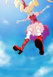  aisaki_emiru blonde_hair blue_sky boots bow bowtie brown_eyes closed_mouth cure_macherie elbow_gloves eyelashes female floating_hair frilled_boots frills from_below fuchi_(nightmare) full_body gloves hair_ornament high_heel_boots high_heels highres hugtto!_precure knee_boots layered_skirt long_hair looking_down miniskirt pink_sleeves pleated_skirt precure purple_bow red_bow red_bowtie red_footwear shiny_skin short_sleeves skirt sky solo twintails very_long_hair white_gloves white_skirt 