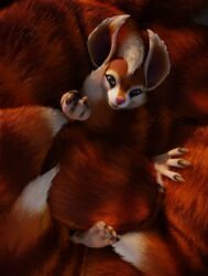  3d_(artwork) 4_fingers ano_delta anthro claws covering covering_self cozy digital_media_(artwork) eyelashes female fingers fur hi_res hoodwink_(dota) inviting looking_at_viewer mammal on_tail red_body red_fur rodent sciurid solo tail tail_tuft tree_squirrel tuft white_body 