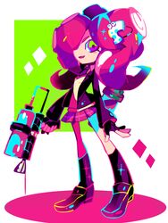  amakusa_(hidorozoa) bad_source black_footwear blazer collared_shirt diamond_(shape) female fingerless_gloves full_body gloves green_eyes hair_over_one_eye holding jacket kneehighs loafers long_hair long_sleeves looking_at_viewer necktie octoling octoshot_(splatoon) open_clothes open_jacket parted_lips pink_hair school_uniform shirt shoes simple_background skirt smile socks solo sparkle splatoon_(series) standing sweater_vest takozonesu tentacle_hair 