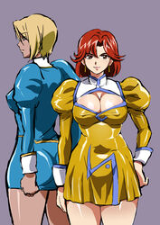  2girls agent_aika aika_(series) bianca_(agent_aika) blonde_hair blue_delmo blue_jacket blue_skirt breasts brown_eyes cleavage_cutout closed_mouth clothing_cutout commentary_request covered_nipples delmogeny_uniform dress golden_delmo highres jacket juliet_sleeves large_breasts light_smile lipstick long_hair long_sleeves looking_at_viewer makeup mamesi_(suhk8583) medium_breasts multiple_girls panties pleated_dress puffy_sleeves red_eyes red_hair short_hair skirt sleeve_cuffs standing thighs underwear valerie_(agent_aika) white_background white_panties yellow_dress 