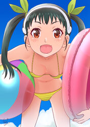  :d bakemonogatari ball beachball bikini black_hair blue_sky breasts brown_eyes cloud day female green_ribbons hachikuji_mayoi hairband holding holding_ball holding_beachball huumoon innertube leaning_forward looking_at_viewer medium_hair monogatari_(series) open_mouth outdoors ribbon sky small_breasts smile solo swim_ring swimsuit twintails white_hairband yellow_bikini 