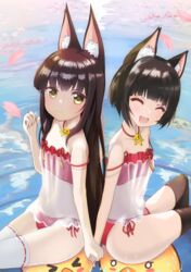  2girls 2others absurdres animal_ear_fluff animal_ears ass azur_lane back-to-back bare_shoulders black_hair black_thighhighs breasts brown_eyes camisole cherry_blossoms closed_eyes fox_ears fox_girl hagakure_kirin_(kiryu036) highres holding_hands long_hair looking_at_viewer manjuu_(azur_lane) multiple_girls multiple_others mutsu_(azur_lane) nagato_(azur_lane) nagato_(great_fox&#039;s_respite)_(azur_lane) open_mouth outdoors panties petals red_camisole red_panties see-through short_hair side-tie_panties sitting small_breasts smile strap_slip thighhighs thighs underwear very_long_hair water white_thighhighs 