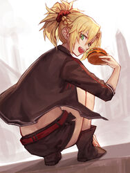  aito alternate_costume belt black_footwear black_jacket black_shorts blonde_hair braid burger commentary fate/apocrypha fate_(series) female food from_behind green_eyes hair_between_eyes hair_ornament hair_scrunchie highres holding holding_food jacket long_hair looking_at_viewer looking_back mordred_(fate) mordred_(fate/apocrypha) open_clothes open_jacket open_mouth ponytail red_belt red_scrunchie scrunchie shoes shorts sleeves_past_elbows solo squatting teeth upper_teeth_only 