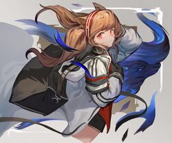  angelina_(arknights) animal_ears arknights black_gloves brown_hair choker commentary_request cropped_legs female fox_ears gloves grey_background hairband jacket long_hair long_sleeves looking_at_viewer red_eyes red_hairband smile solo twintails white_jacket yoni_(zhang) 