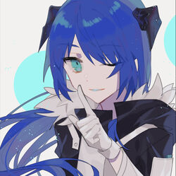  absurdres arknights black_jacket blue_eyes blue_hair commentary_request female fur-trimmed_jacket fur_trim gloves grey_background hand_up highres horns idass_(idass16) index_finger_raised jacket long_hair long_sleeves looking_at_viewer mostima_(arknights) one_eye_closed parted_lips smile solo upper_body white_gloves 