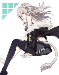  ahoge animal_ears back barefoot black_jacket black_pantyhose black_shirt breasts closed_mouth commentary female floating_hair from_behind full_body fur-trimmed_jacket fur_trim grey_eyes grey_hair grey_skirt hair_between_eyes highres hololive invisible_chair jacket jigoku_meguri licking_lips lion_ears lion_girl lion_tail long_hair looking_at_viewer looking_back medium_breasts miniskirt off_shoulder open_clothes open_jacket pantyhose shirt shishiro_botan shishiro_botan_(1st_costume) simple_background single_leg_pantyhose sitting skirt sleeveless sleeveless_shirt smirk solo striped tail tongue tongue_out torn_clothes torn_pantyhose two_side_up vertical_stripes virtual_youtuber white_background 