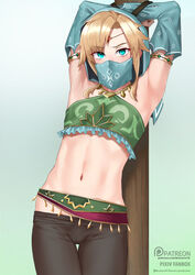  1boy aqua_eyes arabian_clothes armlet armpits arms_up black_pants blonde_hair blue_background blush bondage bondage bound bound_arms circlet commentary_request cowboy_shot crossdressing detached_sleeves forehead_jewel frills gerudo_link gradient gradient_background highres link long_sleeves looking_at_viewer male_focus mouth_veil navel pants see-through shijiu_(adamhutt) sidelocks stomach the_legend_of_zelda the_legend_of_zelda:_breath_of_the_wild thigh_gap v-shaped_eyebrows veil watermark web_address 