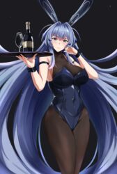  absurdly_long_hair adone_(pluemza021) animal_ears arm_strap azur_lane bare_shoulders black_background black_leotard black_pantyhose blue_eyes blue_hair bodystocking breasts cleavage commentary covered_navel fake_animal_ears female glass_bottle highres holding holding_tray large_breasts leotard long_hair looking_at_viewer new_jersey_(azur_lane) new_jersey_(exhilarating_steps!)_(azur_lane) official_alternate_costume oversized_breast_cup pantyhose playboy_bunny rabbit_ears see-through see-through_cleavage simple_background skin_tight strapless strapless_leotard thighs tray very_long_hair wrist_cuffs 