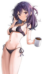  absurdres bad_id bad_twitter_id bare_arms bare_shoulders black_bra black_choker black_panties bra breasts choker closed_mouth coffee_mug cowboy_shot cup expressionless female hand_up harusame_(user_wawj5773) highres holding long_legs looking_at_viewer medium_breasts medium_hair mole mole_on_stomach mole_on_thigh mug navel one_side_up original panties purple_eyes purple_hair side-tie_panties simple_background solo stomach string_bra string_panties thighs underwear underwear_only white_background 