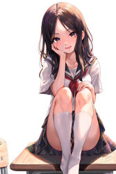  alto_seneka black_hair black_panties brown_eyes chair desk female hand_on_own_cheek hand_on_own_face highres kneehighs long_hair looking_at_viewer open_mouth original panties parted_bangs pink_nails pleated_skirt school_chair school_desk school_uniform serafuku simple_background sitting skirt smile socks solo underwear white_background white_socks 