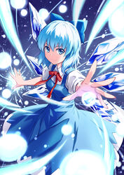  absurdres blue_bow blue_dress blue_eyes blue_hair bow bowtie chinese_commentary cirno closed_mouth commentary dress female fish.boy hairbow highres ice ice_wings looking_at_viewer puffy_short_sleeves puffy_sleeves red_bow red_bowtie short_hair short_sleeves smile solo touhou wings 