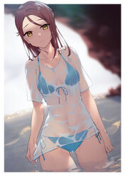  absurdres backlighting bikini bikini_under_clothes blue_bikini blue_ribbon blurry blurry_background blush border breasts brown_hair cave cleavage closed_mouth collarbone commentary cowboy_shot day depth_of_field dutch_angle female forehead front-tie_bikini_top front-tie_top highres long_hair looking_at_viewer love_live! love_live!_sunshine!! navel outdoors outside_border ribbon sakurauchi_riko see-through shirt shirt_hold short_sleeves side-tie_bikini_bottom small_breasts smile solo standing stomach sunlight swimsuit wading water wet wet_clothes wet_hair wet_shirt white_border white_shirt yamaori_(yamaorimon) yellow_eyes 