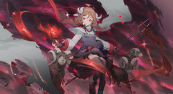  :o absurdres ahoge animal_ears ankle_boots arknights black_thighhighs boots brown_hair commentary_request dress eyjafjalla_(arknights) female highres holding holding_staff horns long_hair long_sleeves looking_at_viewer open_mouth originium_arts_(arknights) photoshop_(medium) red_eyes sheep sheep_ears sheep_girl sheep_horns sidelocks solo staff thighhighs yoni_(zhang) 