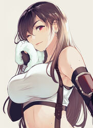  black_hair breasts chachie closed_mouth crop_top earrings female final_fantasy final_fantasy_vii final_fantasy_vii_remake grey_background highres jewelry large_breasts light_smile long_hair looking_at_viewer one_eye_closed photoshop_(medium) red_eyes simple_background smile solo suspenders sweat tank_top tifa_lockhart towel upper_body 