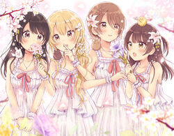  4girls :d :o absurdres animal animal_on_shoulder bird black_hair blonde_hair blurry blurry_foreground blush bow braid breasts brown_eyes brown_hair chick commentary_request depth_of_field dress feline flower hair_between_eyes hair_flower hair_ornament hairclip highres higuchi_kaede_(swing!!) long_hair medium_breasts miyasato_haruka mouse_(animal) multiple_girls neck_ribbon oerba_yun_fang okamoto_natsuhi one_side_up open_mouth parted_lips pink_flower purple_flower rabbit red_bow red_ribbon ribbon sakura_oriko short_hair sleeveless sleeveless_dress small_breasts smile swing!! very_long_hair white_dress white_flower wrist_cuffs yellow_flower yokomine_ibuki 