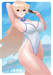  adapted_costume armpits artist_name blonde_hair blue_sky border breasts brown_eyes card cleavage cloud covered_navel cowboy_shot english_commentary female highleg highleg_swimsuit highres holding jdpr large_breasts long_hair one-piece_swimsuit outside_border patreon_username presenting_armpit sky solo swimsuit tenjouin_asuka web_address white_border white_one-piece_swimsuit yu-gi-oh! yu-gi-oh!_gx 