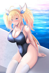  blonde_hair blue_eyes blush breasts cleavage competition_swimsuit covered_nipples embarrassed female highleg highleg_swimsuit highres horns kanna_(minamozuki) large_breasts looking_at_viewer one-piece_swimsuit onizaki_kirara pool poolside sideboob sitting skindentation solo swimsuit taimanin_(series) taimanin_rpgx thighhighs twintails water white_thighhighs 