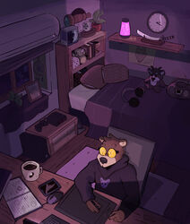  absurd_res anthro bear bed bedroom beverage bitterdrink_(artist) clothing coffee drawing eyewear furniture glasses hi_res hoodie male mammal plant relaxing shelf slightly_chubby solo studying topwear vibing 