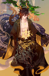  1boy arm_tattoo branch brown_hair chinese_clothes coin collarbone commentary cracked_skin dragon_boy dragon_horns dragon_print dragon_tail earrings falling_money fangs genshin_impact gradient_hair hair_between_eyes highres horns jewelry light_particles long_hair long_sleeves male_focus multicolored_hair open_mouth orange_hair rex_lapis_(genshin_impact) rokuon scales simple_background single_earring solo symbol symbol-only_commentary tail tassel tassel_earrings tattoo wide_sleeves yellow_eyes 