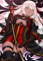  absurdres ahoge black_legwear breasts cleavage dark-skinned_female dark_skin elbow_gloves fate/grand_order fate_(series) female fingerless_gloves gloves hair_between_eyes hairband highres holding holding_weapon japanese_clothes katana large_breasts leg_belt long_hair looking_at_viewer lying okita_souji_(fate) okita_souji_alter_(fate) petals ribbon sword takubon thighhighs underboob very_long_hair weapon white_hair yellow_eyes 